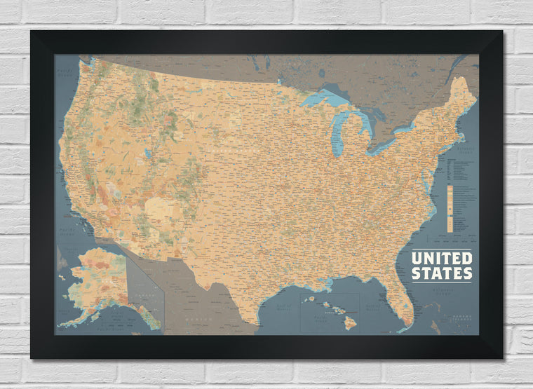 Framed map of the United States on a white brick wall - 2" brushed black frame shown
