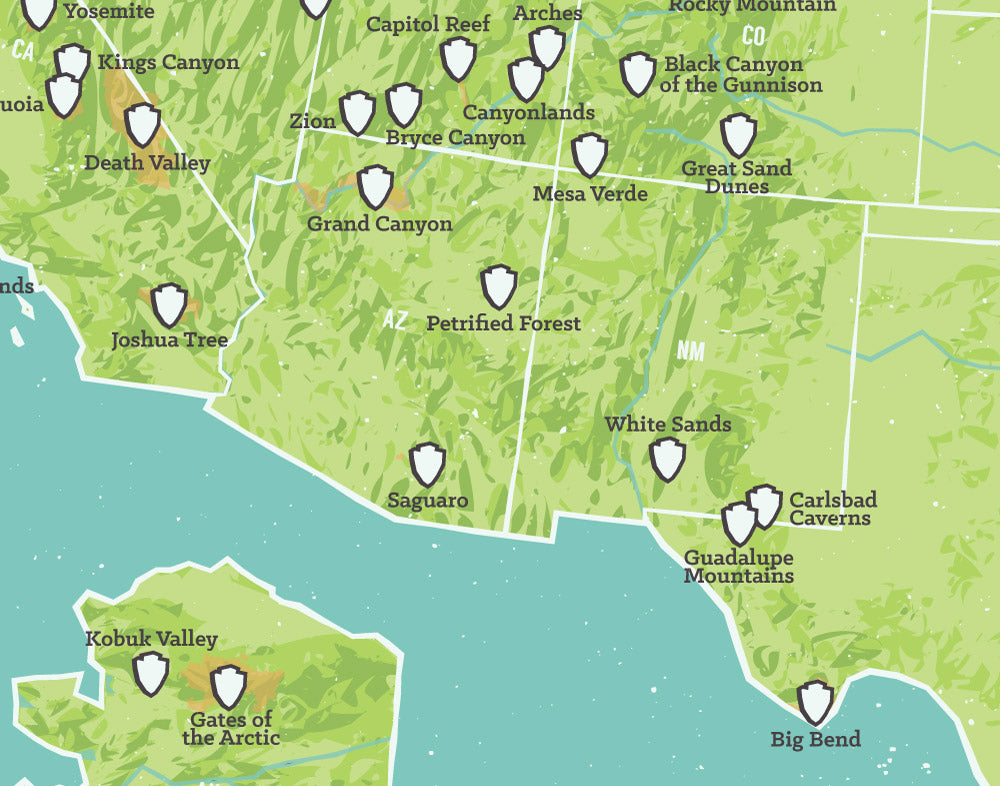 US National Parks Checklist Map Print - green & aqua
