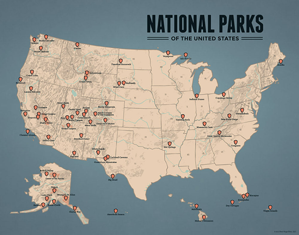 US National Parks Map Print - tan & slate blue