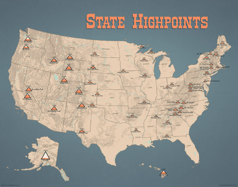 State High Points Highpoints Map Print - tan & slate blue
