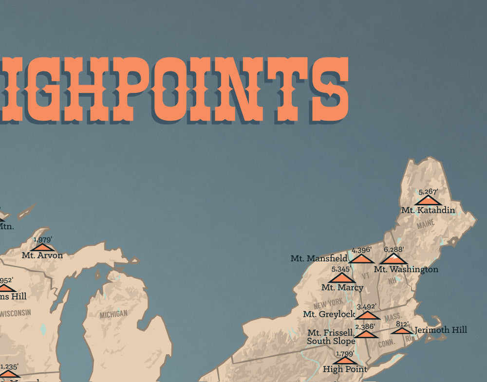State High Points Highpoints Map Print - tan & slate blue