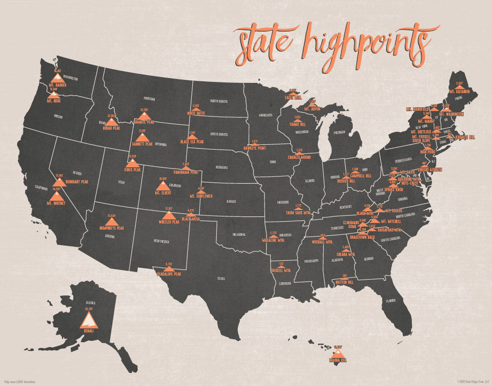 State High Points Highpoints Map Print - charcoal & beige