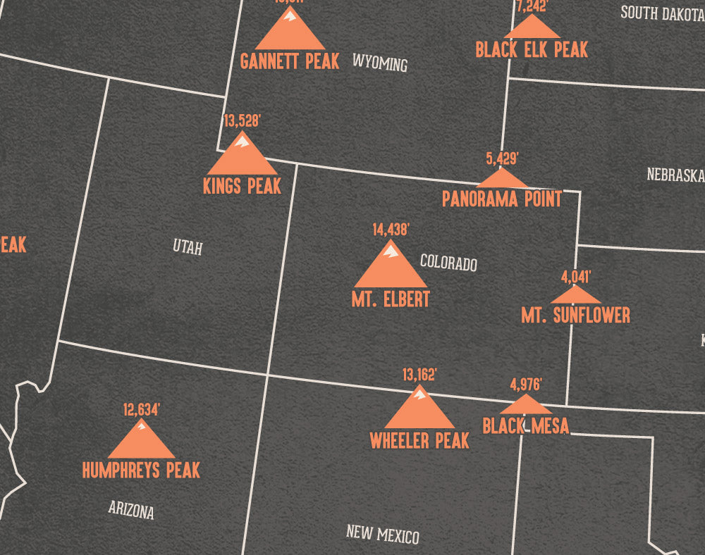 State High Points Highpoints Map Print - charcoal & beige