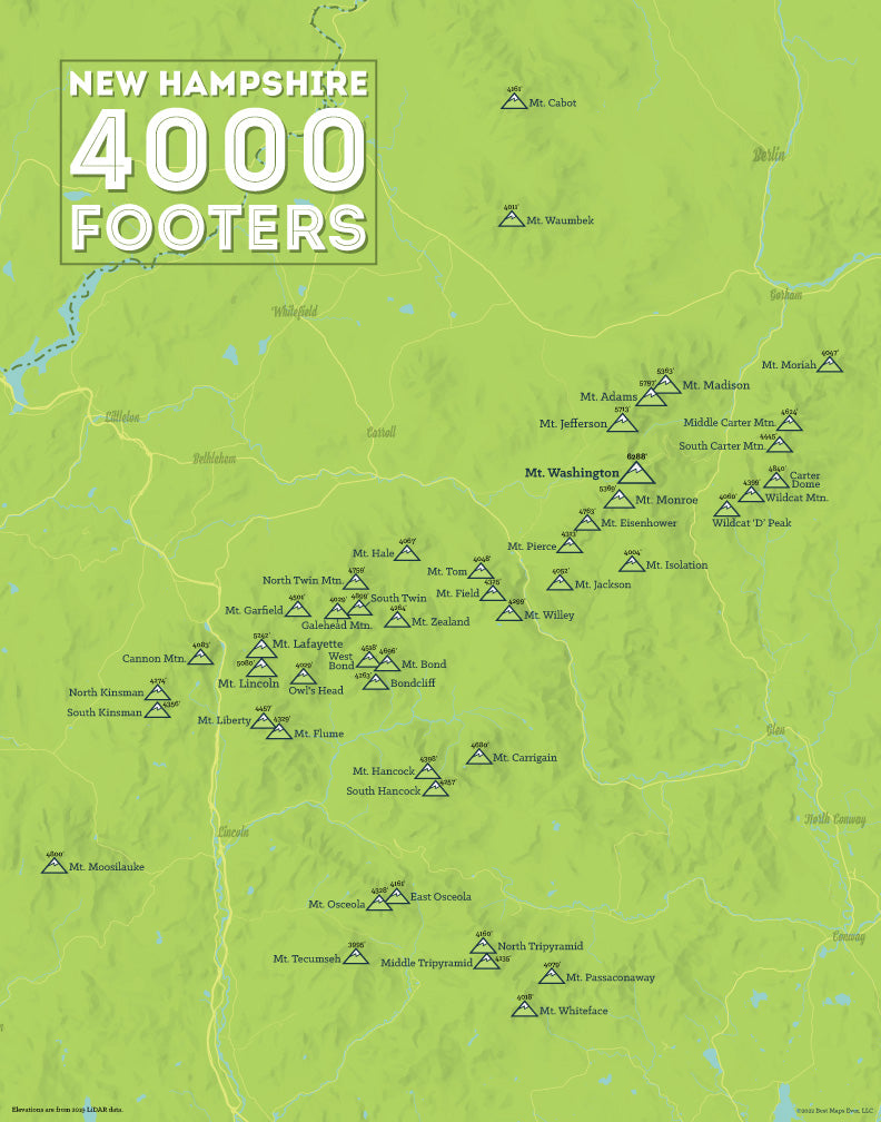 New Hampshire 4000 Footers Checklist Map - bright green