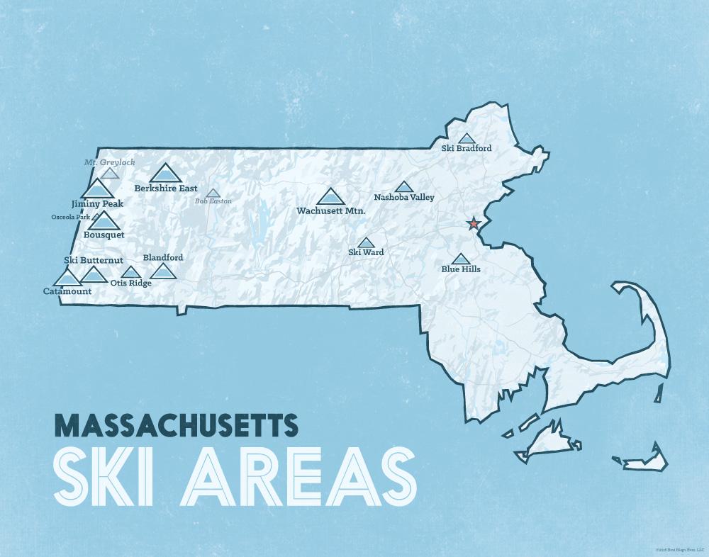 Massachusetts Ski Areas map print - white & blue