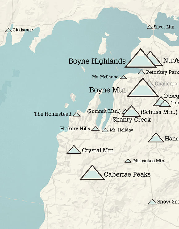 Michigan Ski Areas Resorts Map Print - beige & opal blue