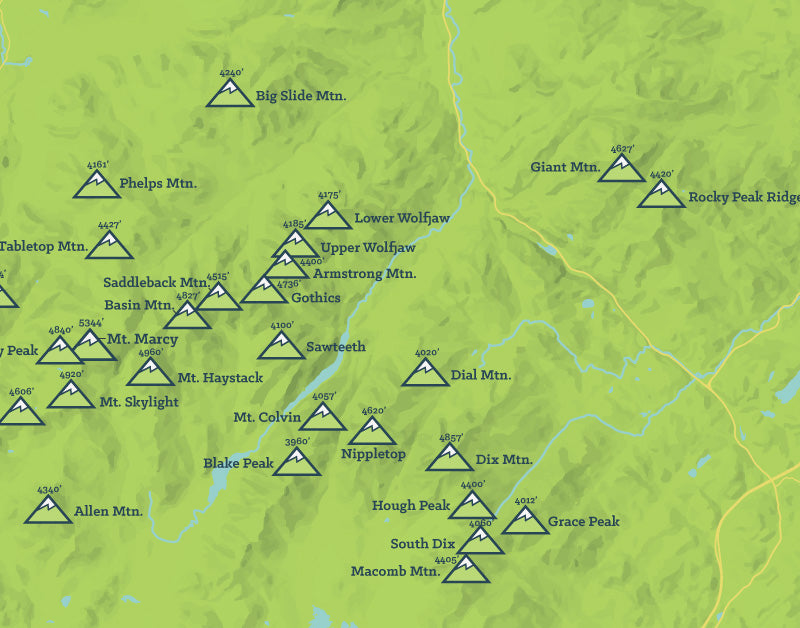 Adirondack High Peaks 46ers Map Print - bright green