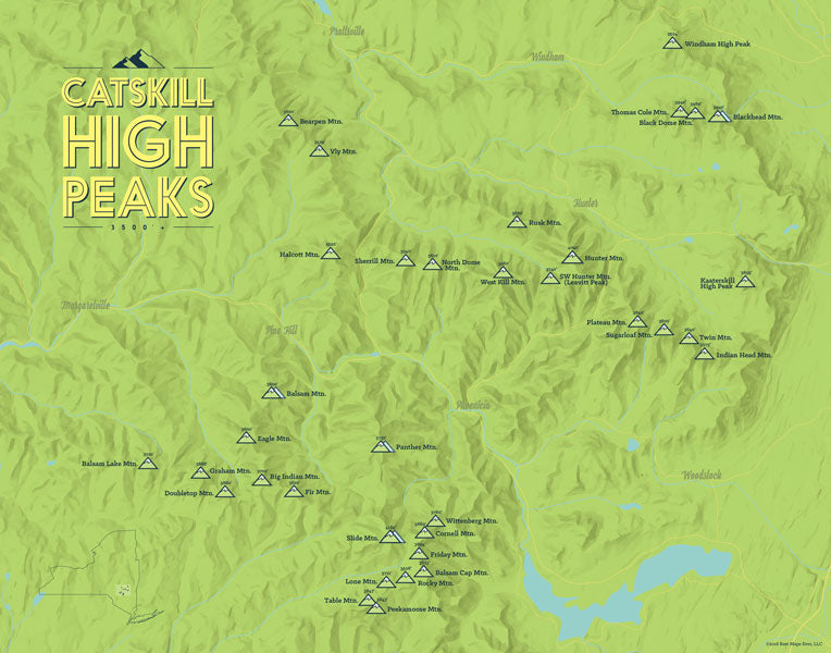 Catskill High Peaks map poster - Bright Green