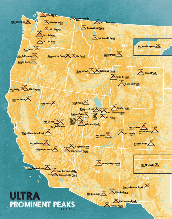 Ultra Prominent Peaks Map 11x14 Print - 48 states