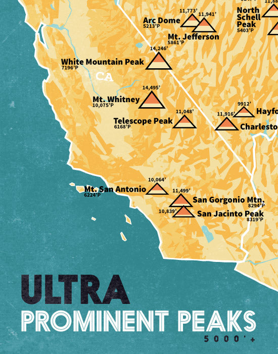Ultra Prominent Peaks Map Print - Butter & Teal