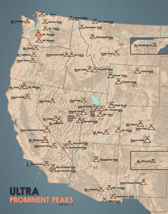 Ultra Prominent Peaks Map Print - Tan & Slate Blue