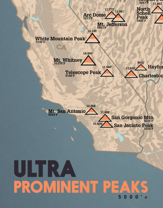 Ultra Prominent Peaks Map Print - Tan & Slate Blue