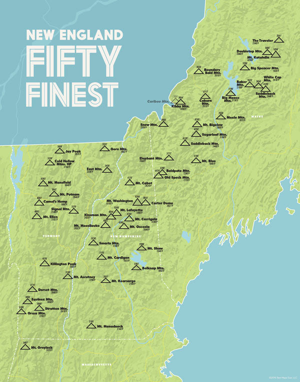 New England 50 Finest Map Print - green & aqua