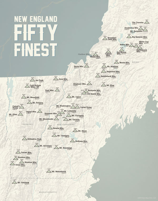New England 50 Finest Map Print - beige & slate