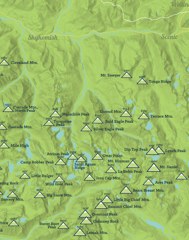 Washington 'Home Court' 100 Peaks Map Print - bright green