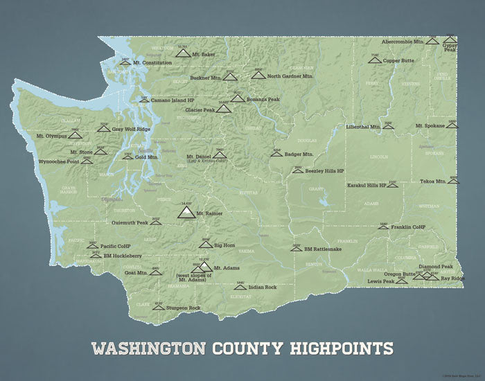 Washington County Highpoints map print - sage & slate blue