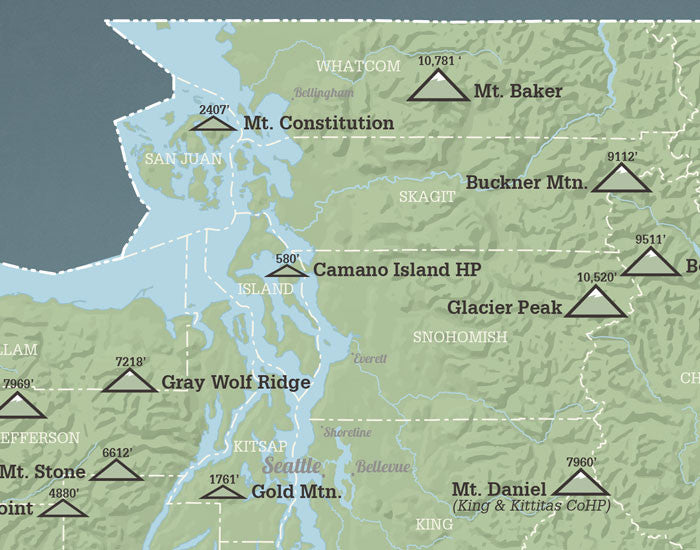 Washington County Highpoints map print - sage & slate blue