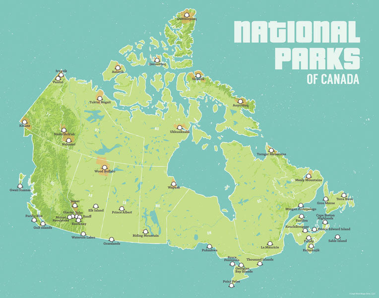 Canada National Parks map poster - green & aqua