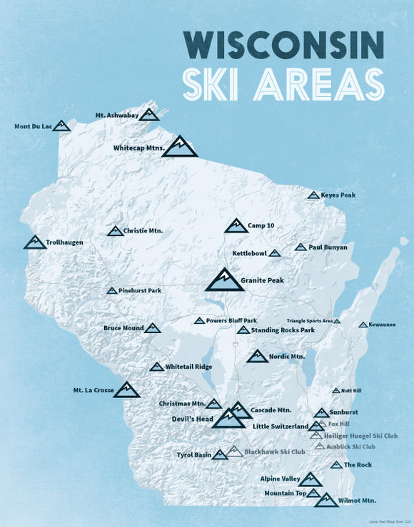 Wisconsin Ski Resorts Map 11x14 Print