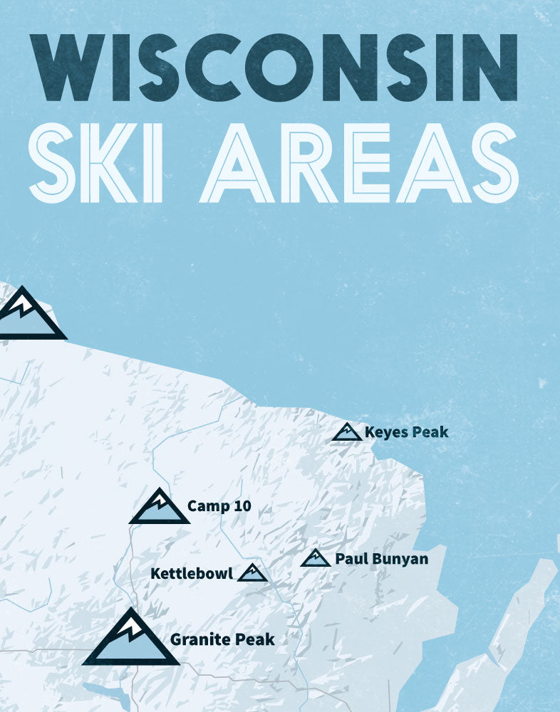 Wisconsin Ski Resorts Map Print - white & light blue