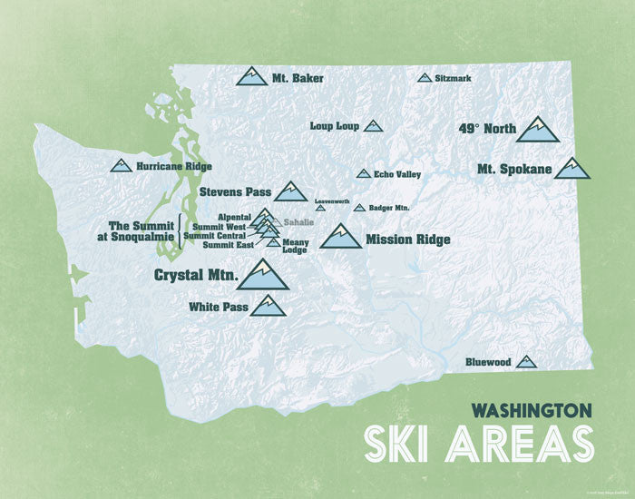 Washington Ski Resorts Map Print - white & light green