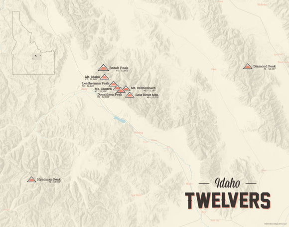 Idaho 12ers Map 11x14 Print