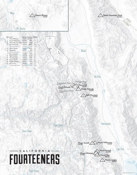 California 14ers Map Print - gray