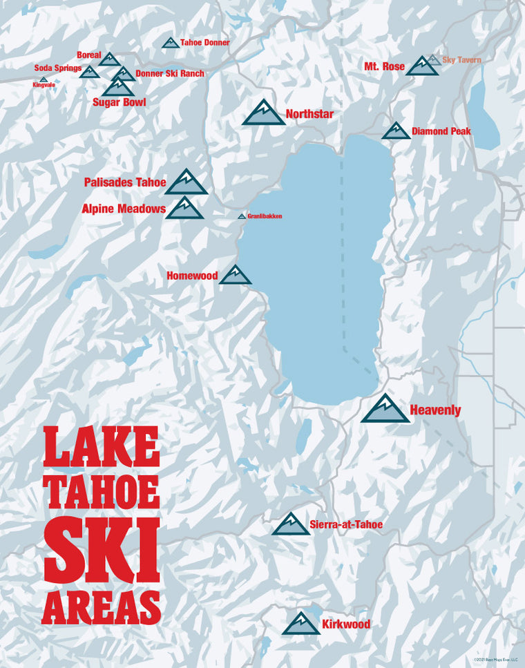 Lake Tahoe Ski Resorts map print - white & red