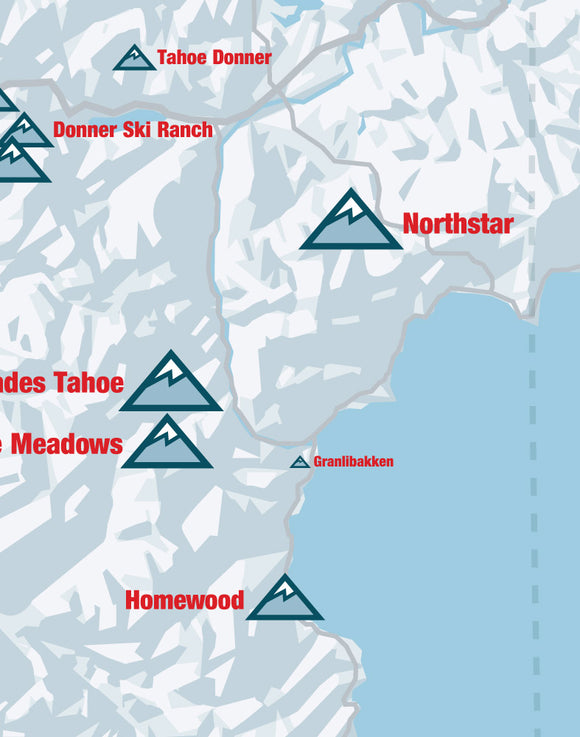 Lake Tahoe Ski Resorts map print - white & red
