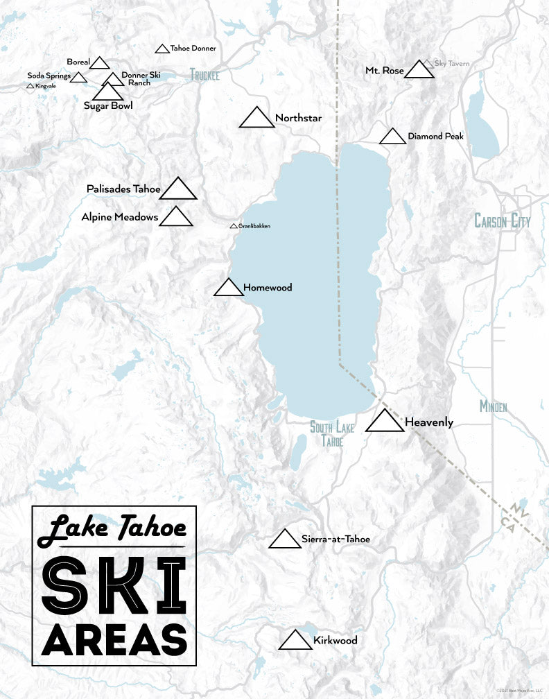 Lake Tahoe Ski Resorts map print - gray & black