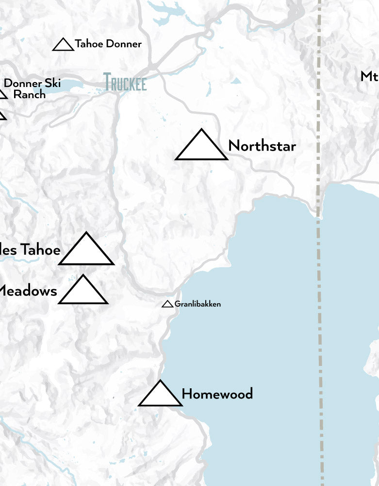Lake Tahoe Ski Resorts map print - gray & black