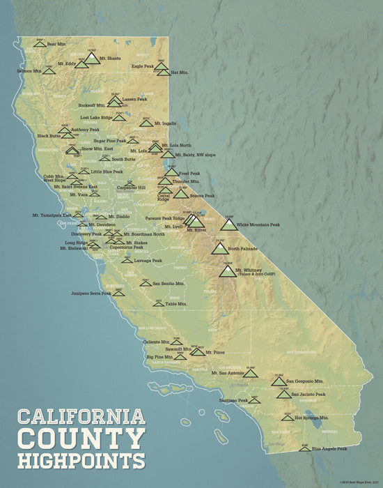 California County High Points map print - natural earth