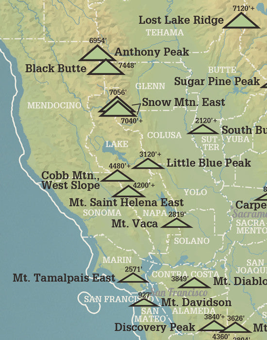 California County High Points map print - natural earth