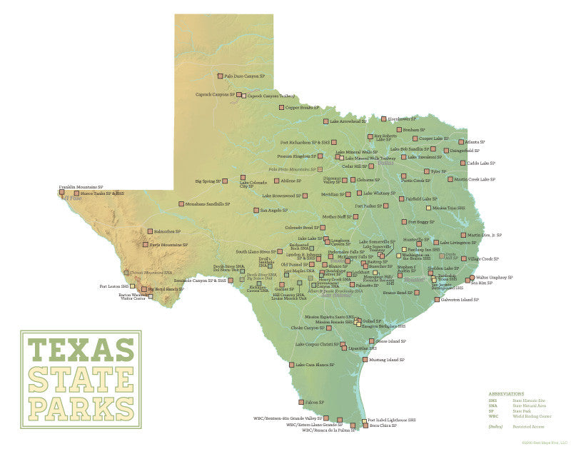 Texas State Parks map print - green & white
