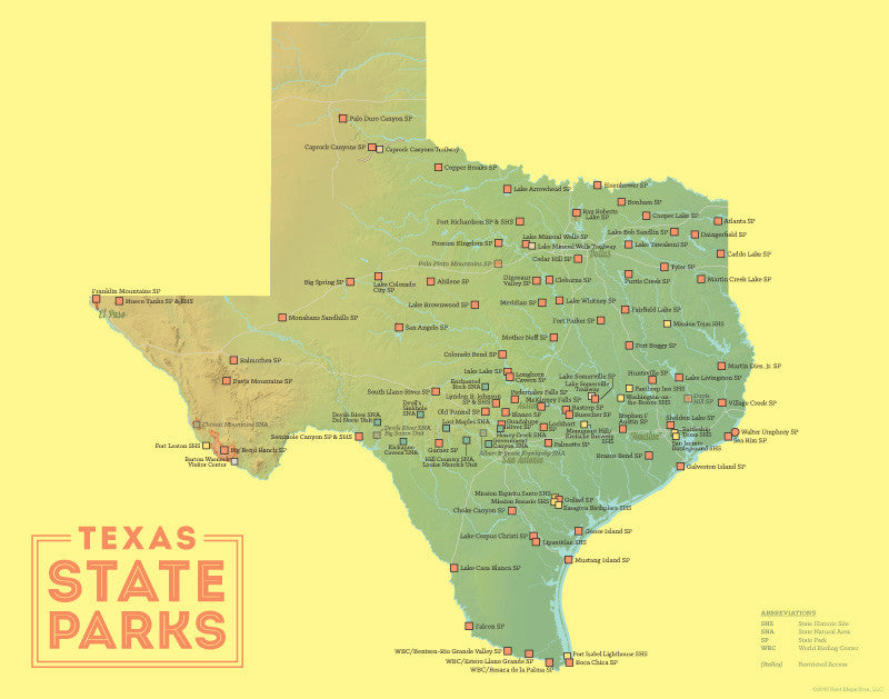 Texas State Parks map print - green & yellow