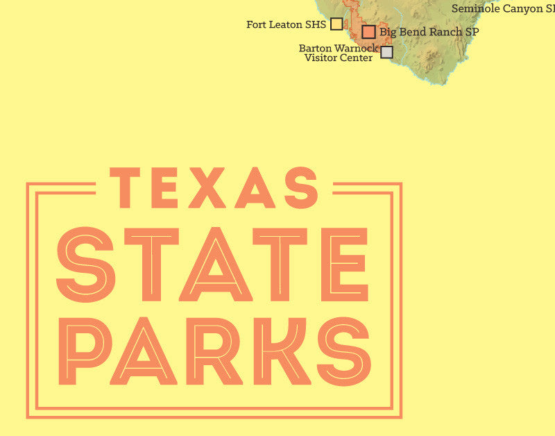 Texas State Parks map print - green & yellow