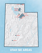 Utah Ski Areas Resorts map print - white & light blue