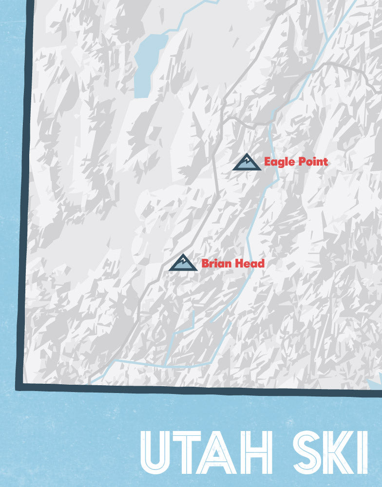 Utah Ski Areas Resorts map print - white & light blue