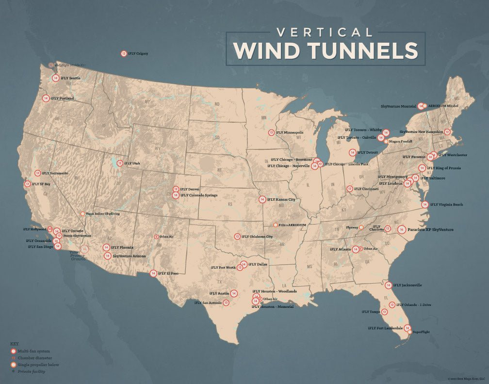USA Indoor Skydiving Vertical Wind Tunnels (iFLY, SkyVenture, Aerodium) map print - tan & slate blue