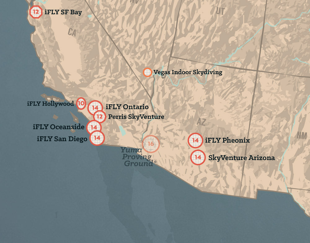 USA Indoor Skydiving Vertical Wind Tunnels (iFLY, SkyVenture, Aerodium) map print - tan & slate blue
