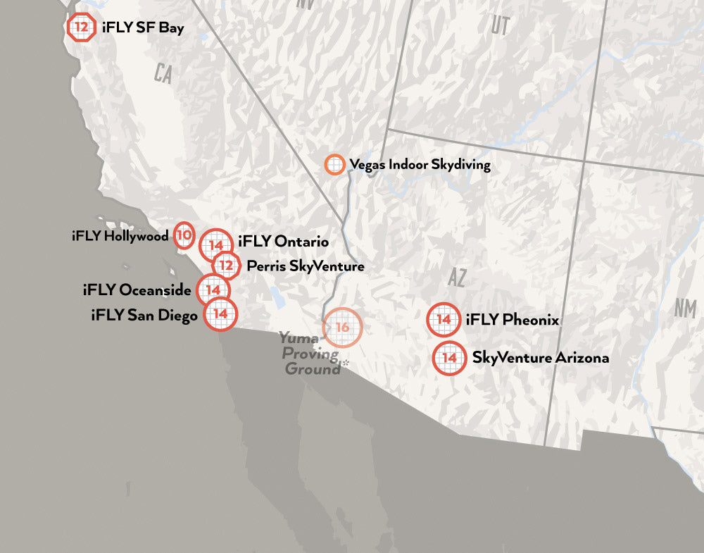 USA Indoor Skydiving Vertical Wind Tunnels (iFLY, SkyVenture, Aerodium) map print - white & gray