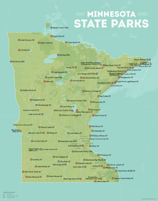 Minnesota State Parks map print - green & aqua