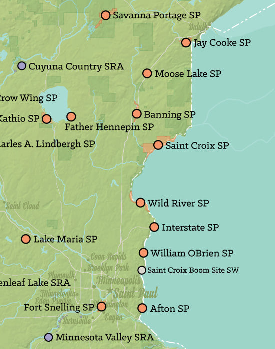 Minnesota State Parks map print - green & aqua