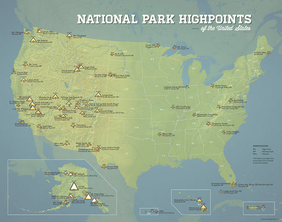 US National Park Highpoints Map 11x14 Print