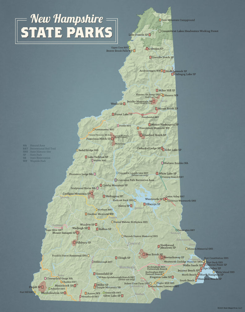 New Hampshire State Parks Map Print - sage & slate blue