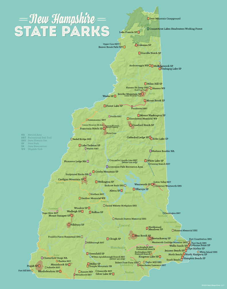 New Hampshire State Parks Map Print - green & aqua