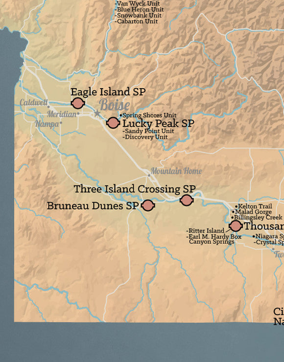 Idaho State Parks Map Print - camel & slate blue