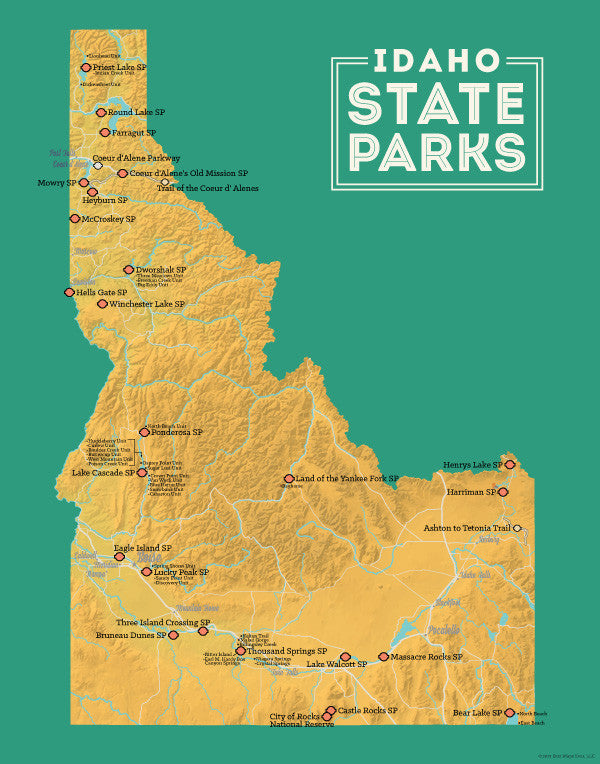 Idaho State Parks Map Print - yellow-orange & teal