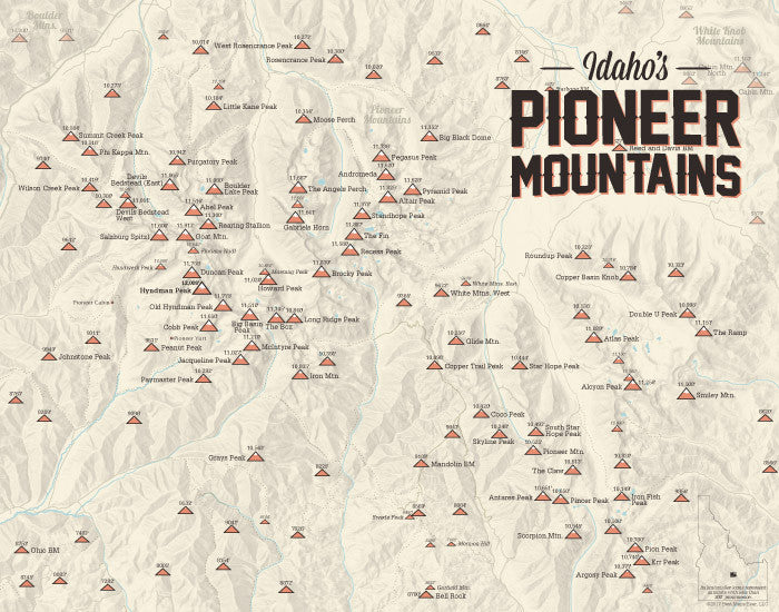 Pioneer Mountains (Idaho) Peak List Climbers Map Print - tan
