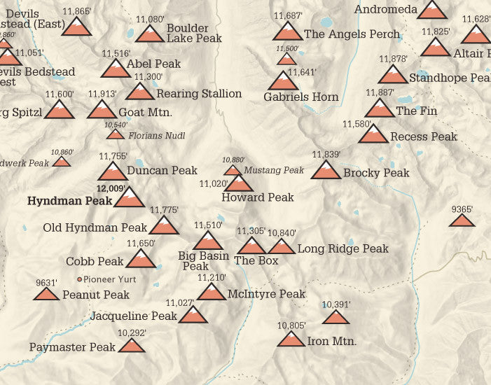 Pioneer Mountains (Idaho) Peak List Climbers Map Print - tan